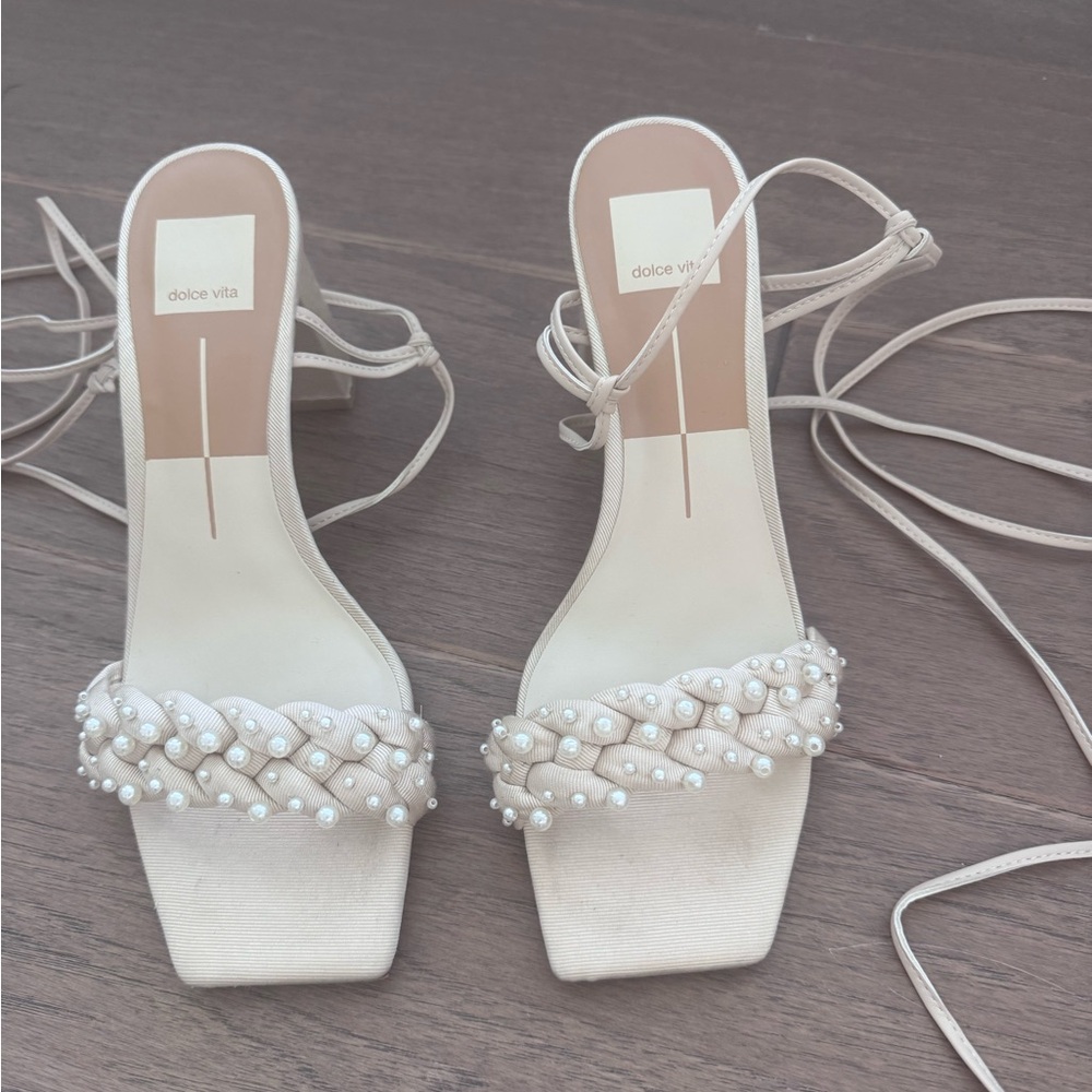 Dolce Vita Cream Heeled Sandals with Beaded Strap